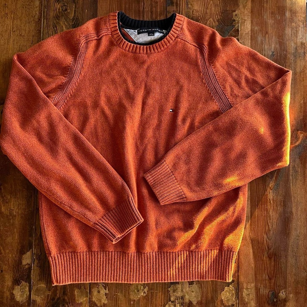 Tommy Hilfiger orange and navy blue sweater